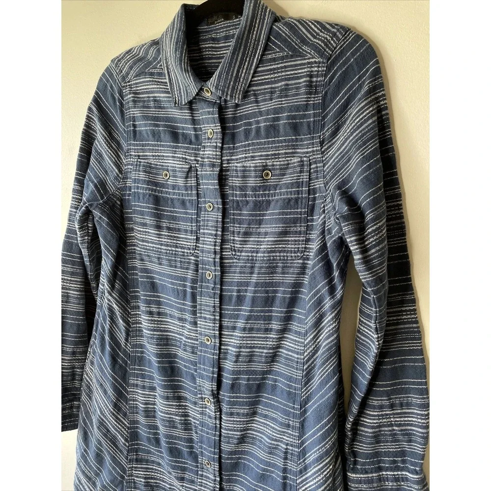 prAna Shirt Dress Women Small Blue White Striped Long Sleeve Tunic Boho Gorpcore